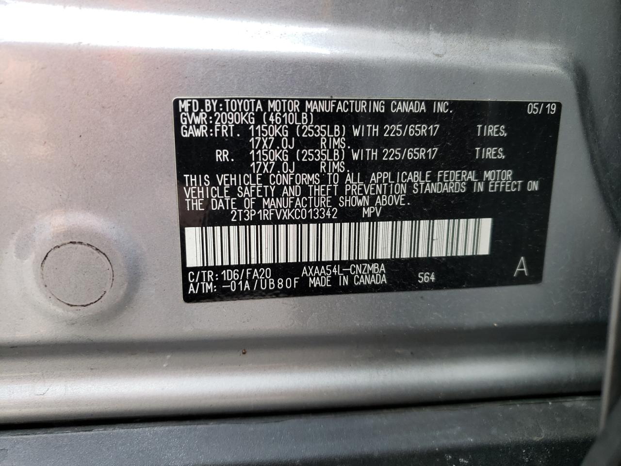 Photo 10 from auction – 2019 TOYOTA RAV4 XLE with VIN 2T3P1RFVXKC013342