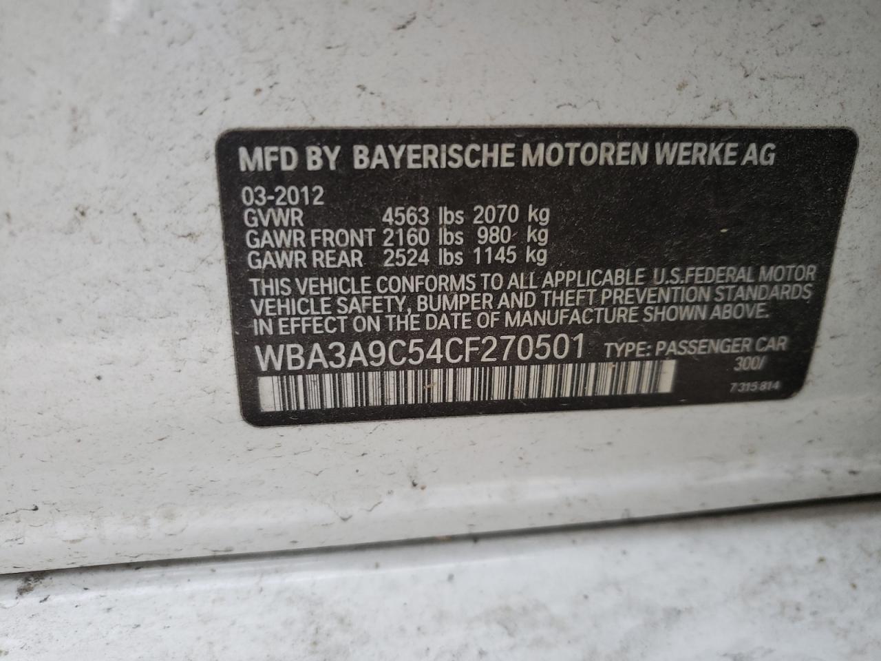 Photo 10 from auction – 2012 BMW 335 I with VIN WBA3A9C54CF270501