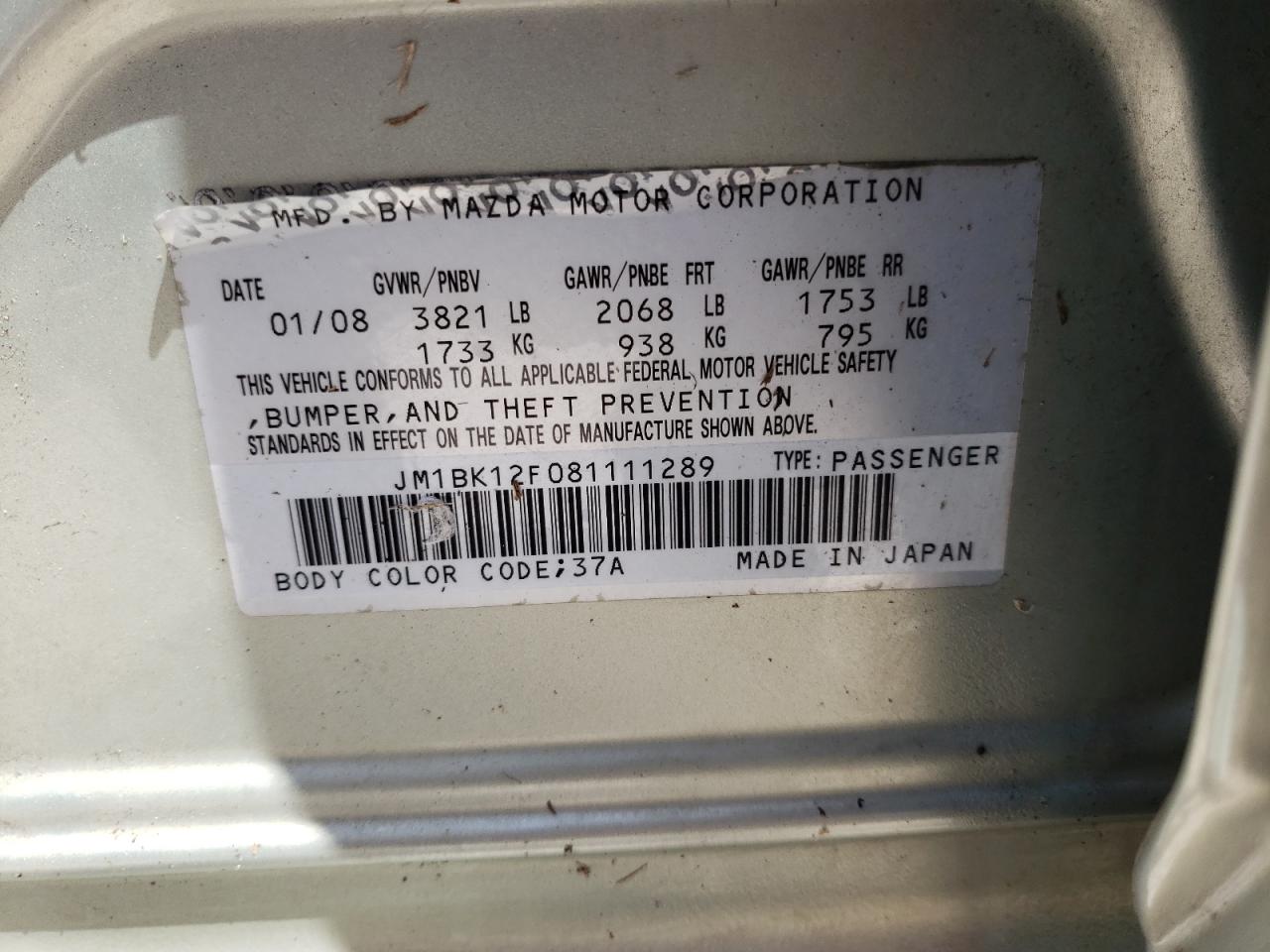 Photo 10 from auction – 2008 MAZDA 3 I with VIN JM1BK12F081111289