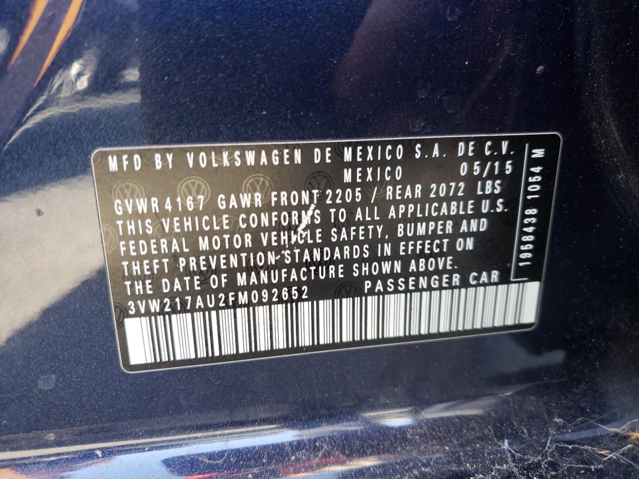 Photo 10 from auction – 2015 VOLKSWAGEN GOLF with VIN 3VW217AU2FM092652