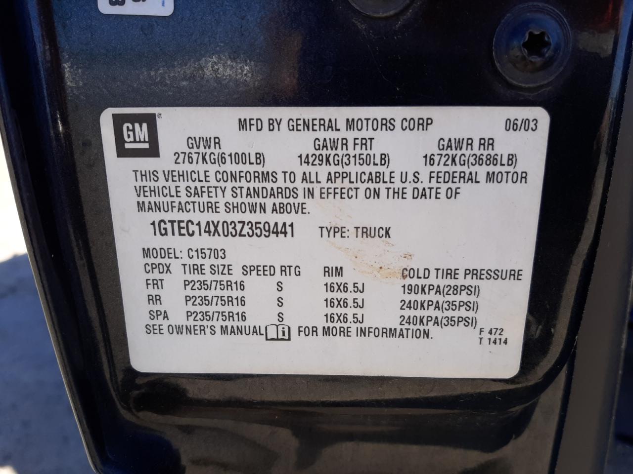 Photo 10 from auction – 2003 GMC NEW SIERRA with VIN 1GTEC14X03Z359441