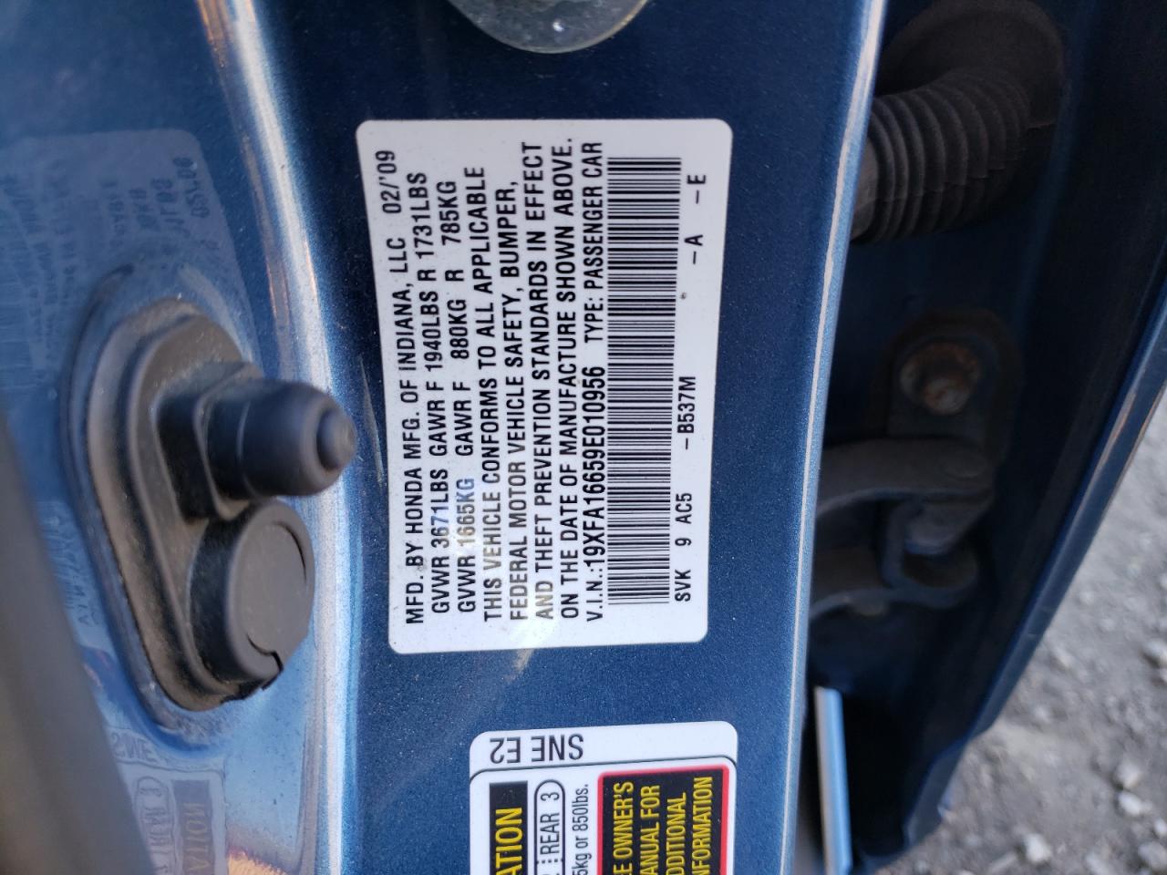 Photo 10 from auction – 2009 HONDA CIVIC LX-S with VIN 19XFA16659E010956