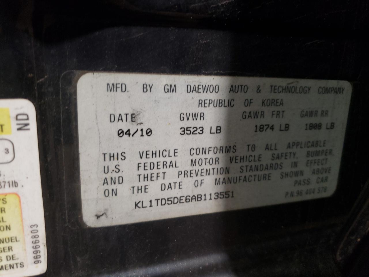 Photo 10 from auction – 2010 CHEVROLET AVEO with VIN KL1TD5DE6AB113551