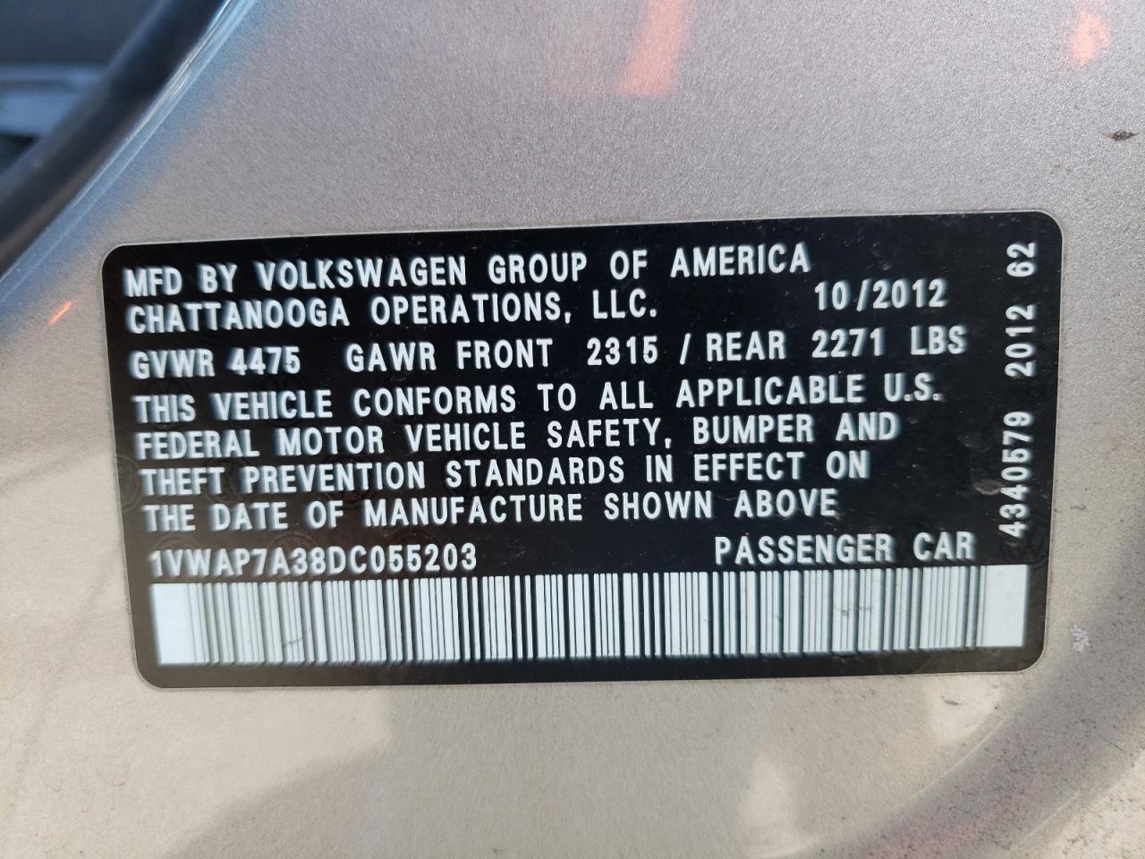 Photo 10 from auction – 2013 VOLKSWAGEN PASSAT S with VIN 1VWAP7A38DC055203
