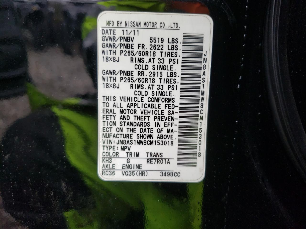 Photo 10 from auction – 2012 INFINITI FX35 with VIN JN8AS1MW8CM153018