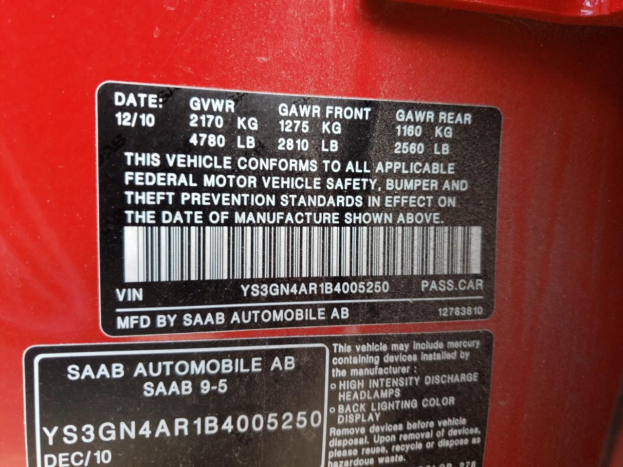 Photo 10 from auction – 2011 SAAB 9-5 TURBO with VIN YS3GN4AR1B4005250