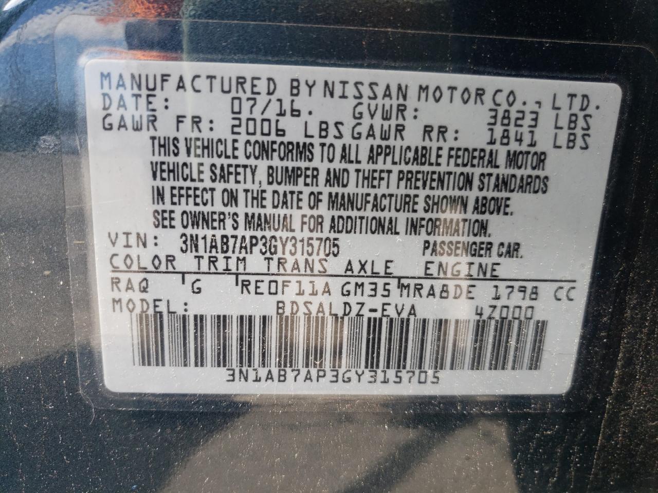 Photo 10 from auction – 2016 NISSAN SENTRA S with VIN 3N1AB7AP3GY315705