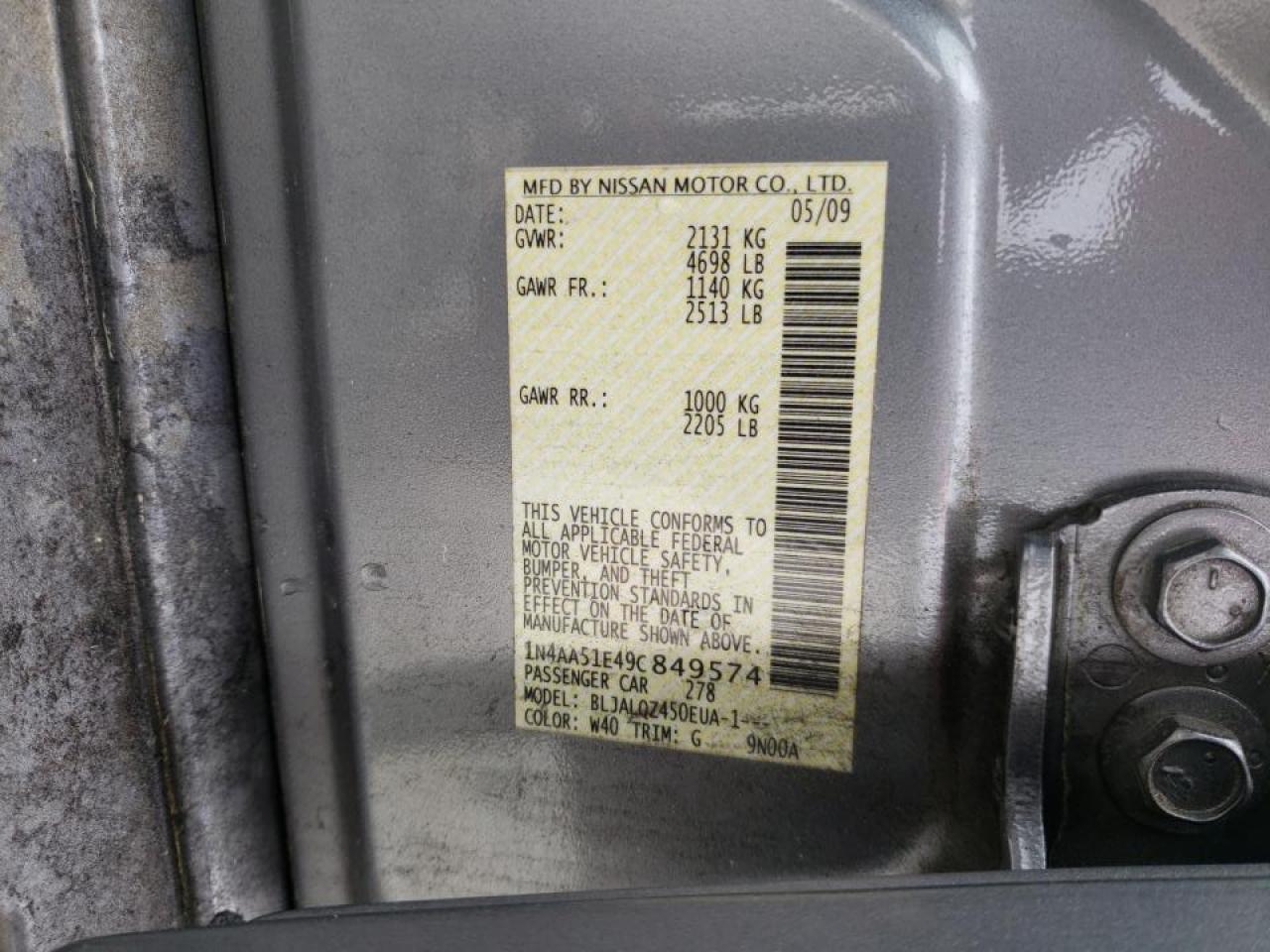 Photo 10 from auction – 2009 NISSAN MAXIMA S with VIN 1N4AA51E49C849574