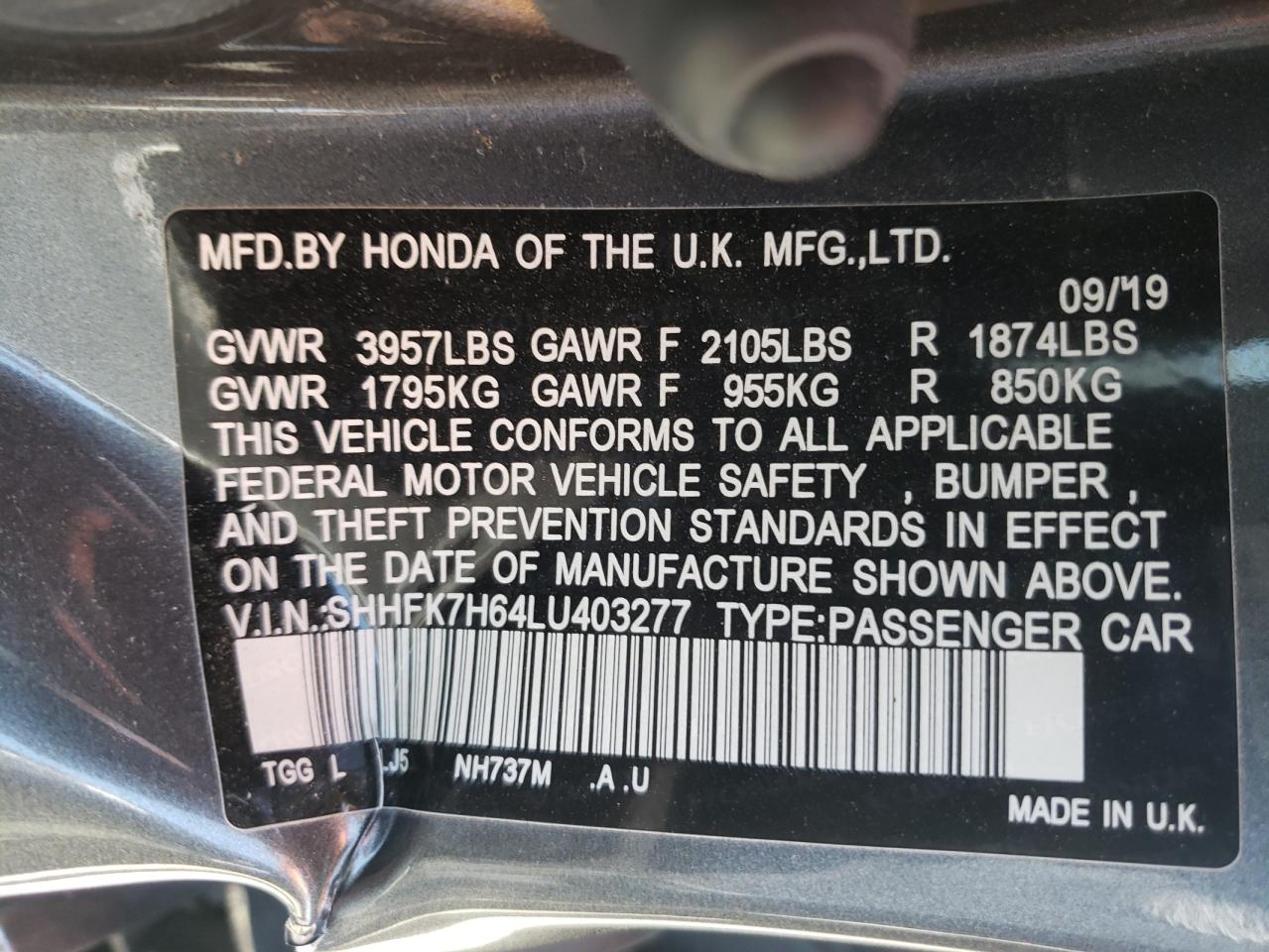 Photo 10 from auction – 2020 HONDA CIVIC EX with VIN SHHFK7H64LU403277