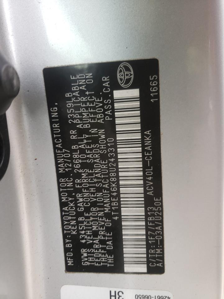 Photo 10 from auction – 2008 TOYOTA CAMRY CE with VIN 4T1BE46K88U243310