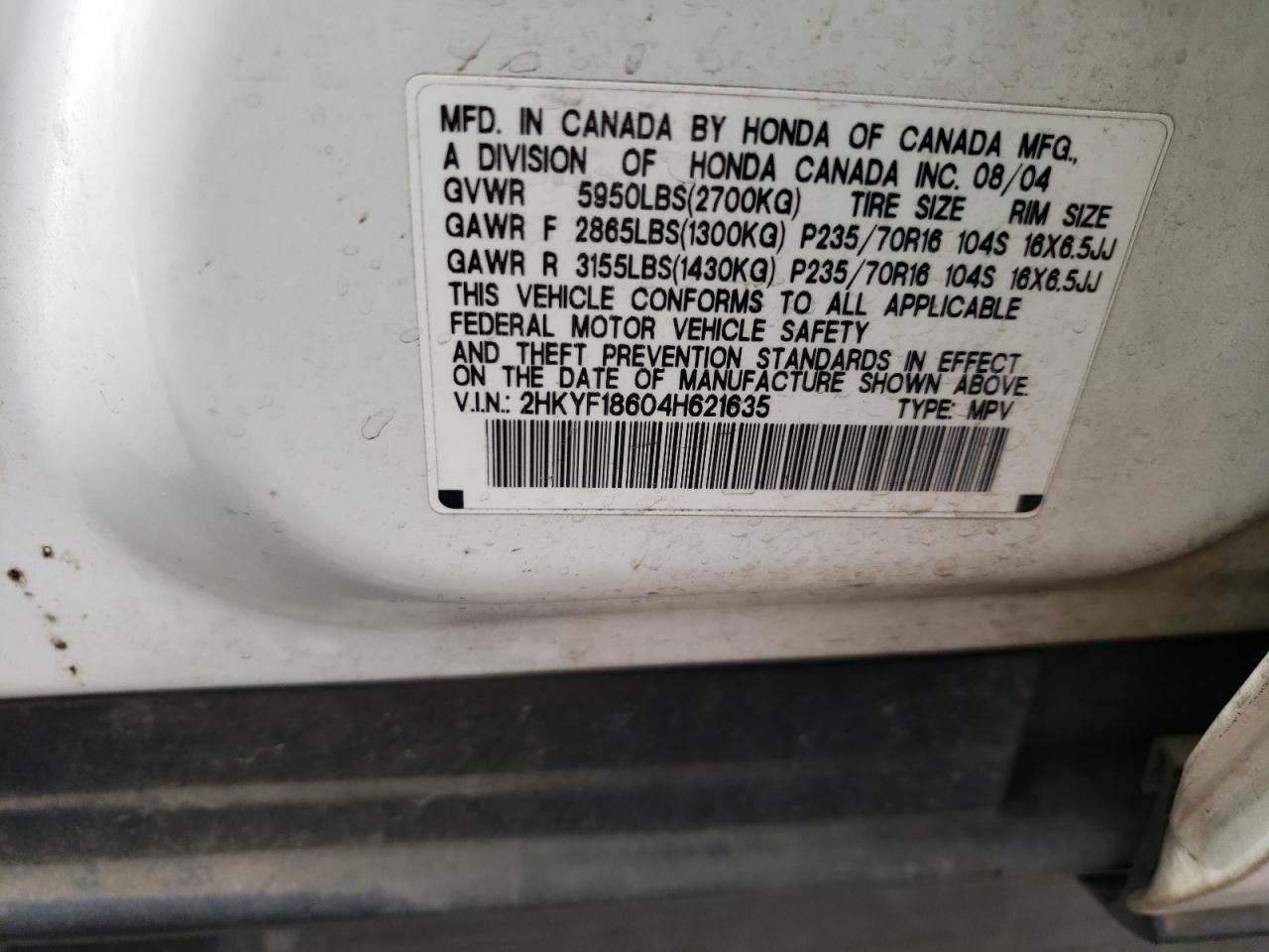 Photo 10 from auction – 2004 HONDA PILOT EXL with VIN 2HKYF18604H621635