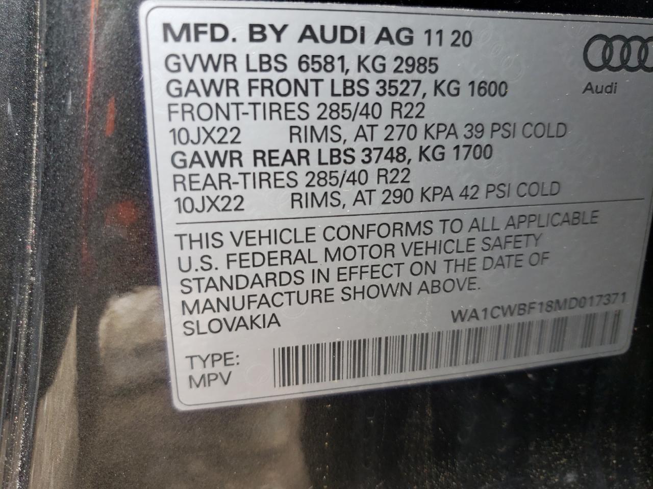 Photo 10 from auction – 2021 AUDI SQ8 PRESTI with VIN WA1CWBF18MD017371