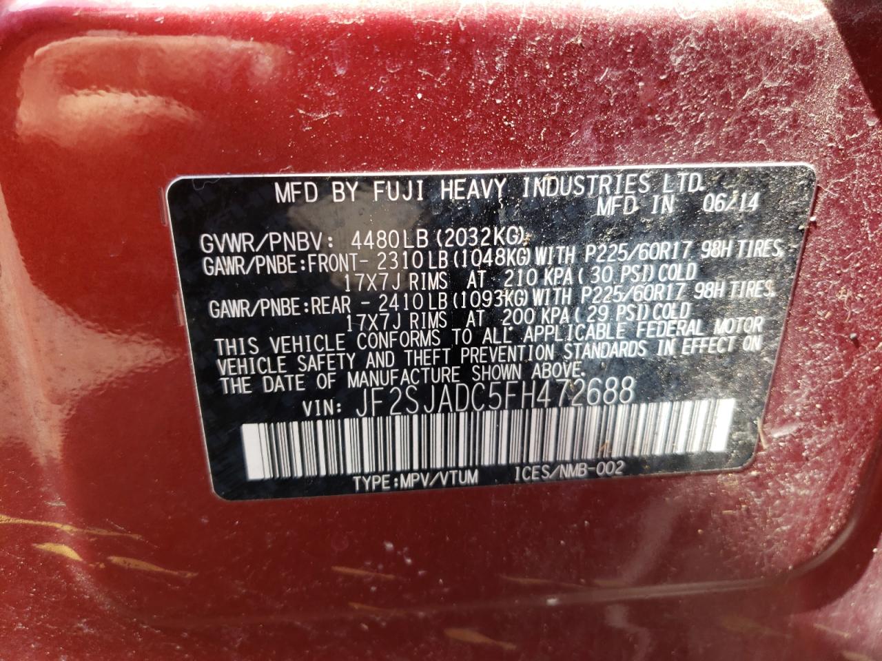 Photo 10 from auction – 2015 SUBARU FORESTER 2 with VIN JF2SJADC5FH472688