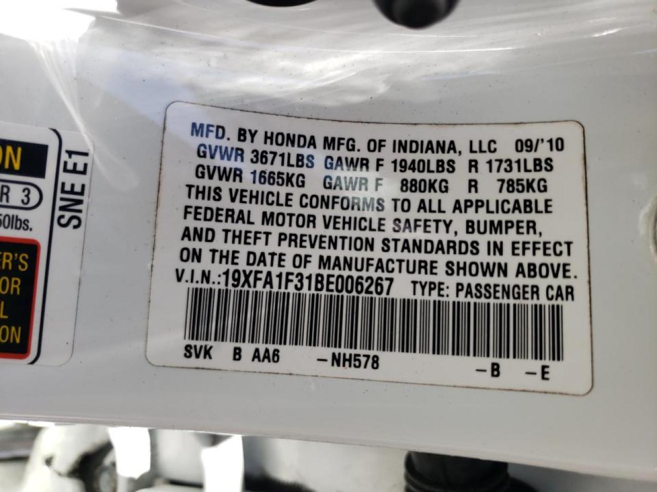 Photo 10 from auction – 2011 HONDA CIVIC VP with VIN 19XFA1F31BE006267