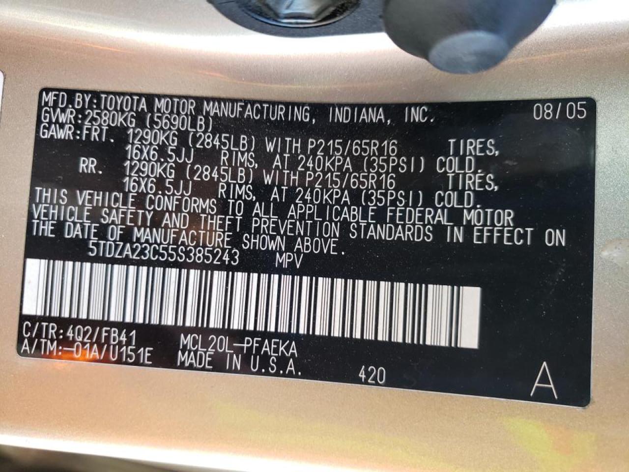 Photo 10 from auction – 2005 TOYOTA SIENNA CE with VIN 5TDZA23C55S385243