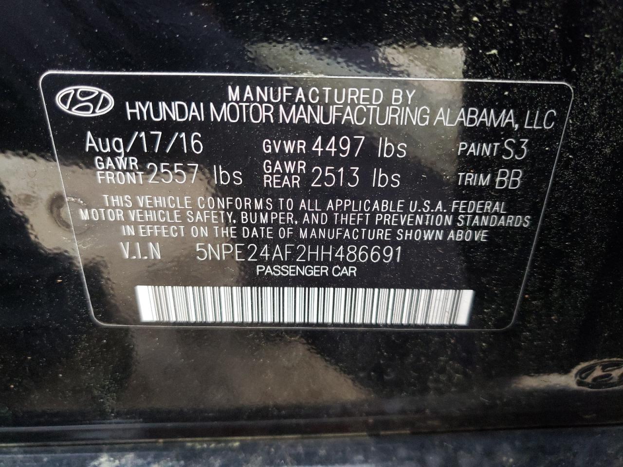 Photo 10 from auction – 2017 HYUNDAI SONATA SE with VIN 5NPE24AF2HH486691