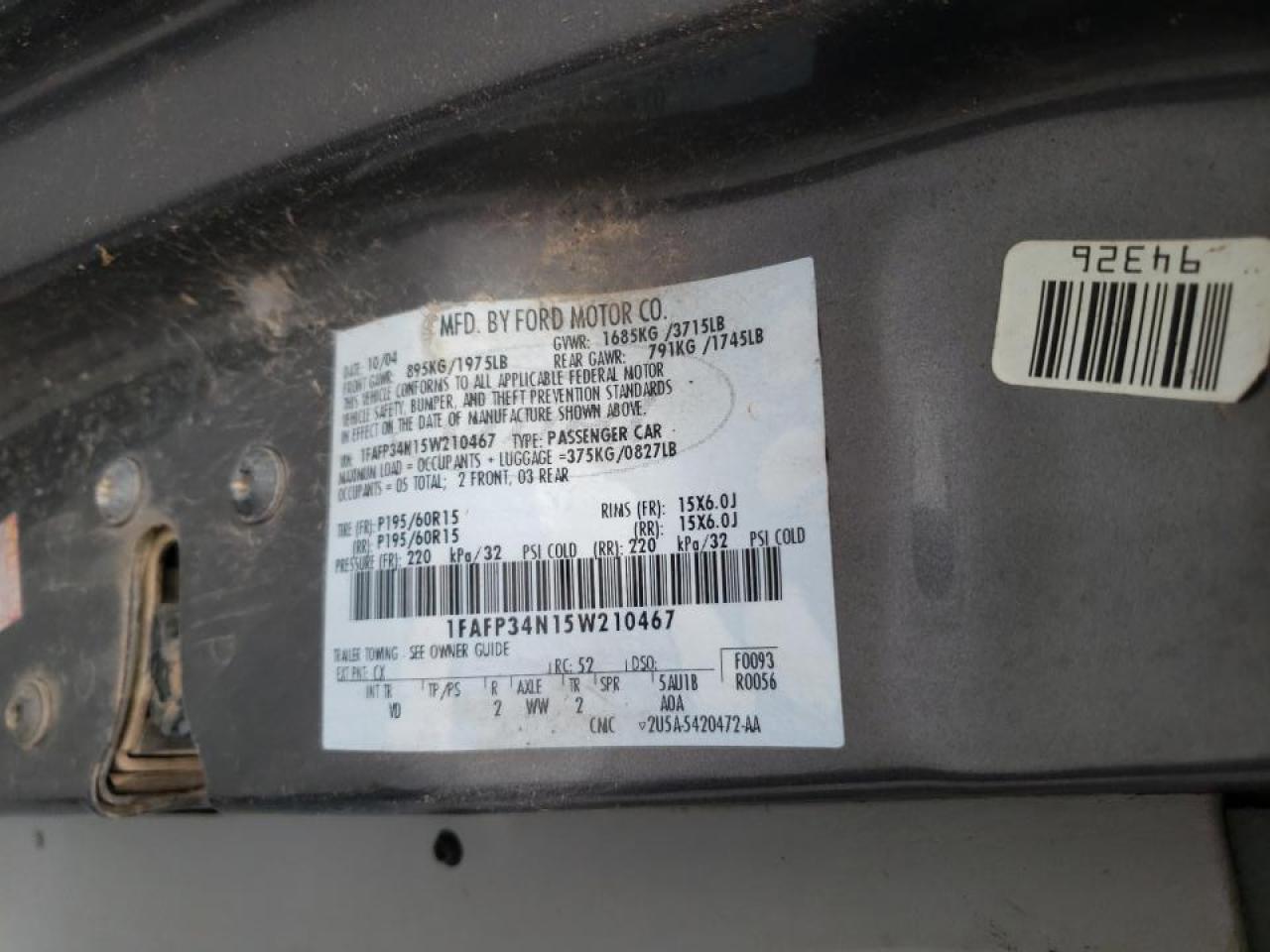 Photo 10 from auction – 2005 FORD FOCUS ZX4 with VIN 1FAFP34N15W210467