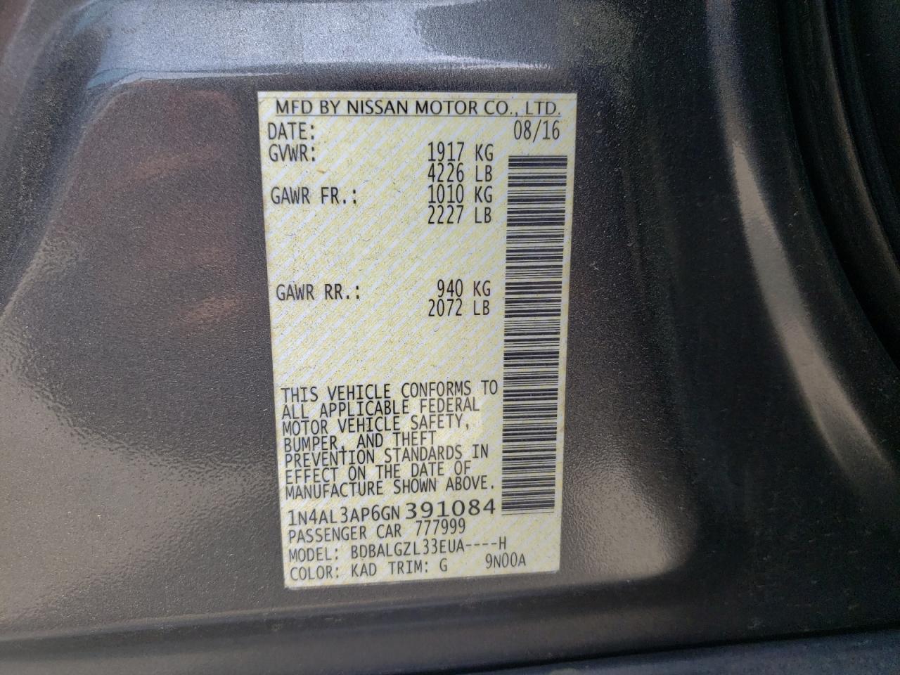 Photo 10 from auction – 2016 NISSAN ALTIMA 2.5 with VIN 1N4AL3AP6GN391084