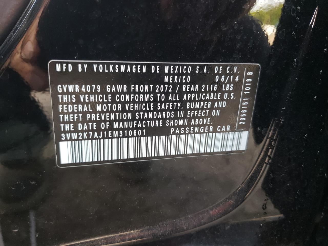 Photo 10 from auction – 2014 VOLKSWAGEN JETTA BASE with VIN 3VW2K7AJ1EM310601
