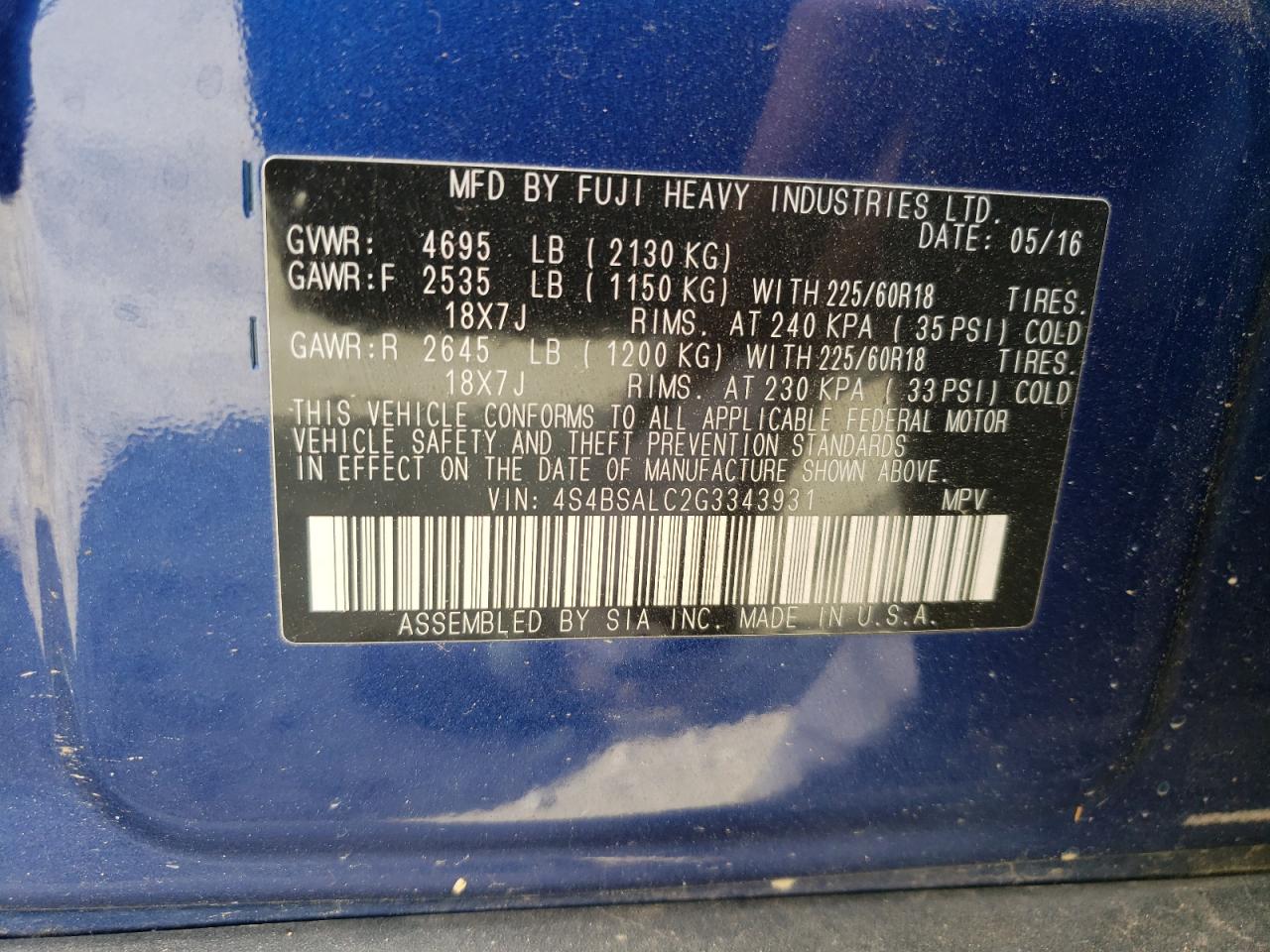 Photo 10 from auction – 2016 SUBARU OUTBACK 2. with VIN 4S4BSALC2G3343931