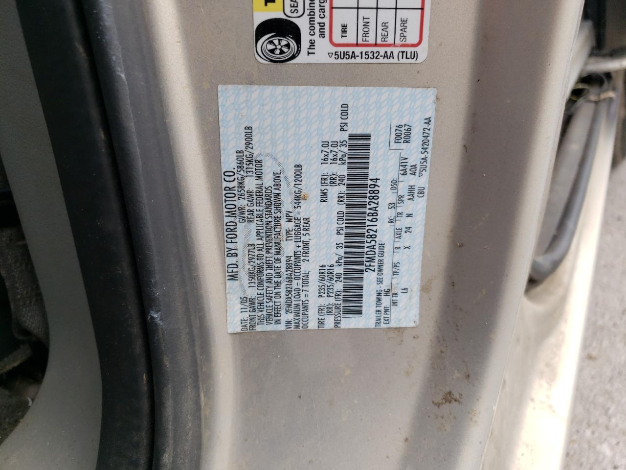 Photo 10 from auction – 2006 FORD FREESTAR L with VIN 2FMDA58216BA28894