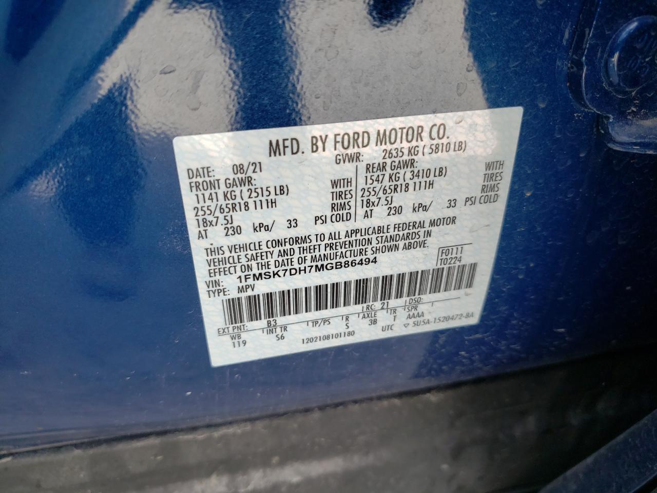 Photo 10 from auction – 2021 FORD EXPLORER X with VIN 1FMSK7DH7MGB86494