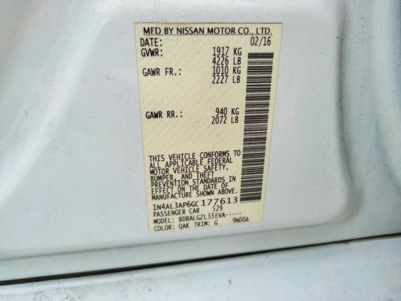 Photo 10 from auction – 2016 NISSAN ALTIMA 2.5 with VIN 1N4AL3AP6GC177613