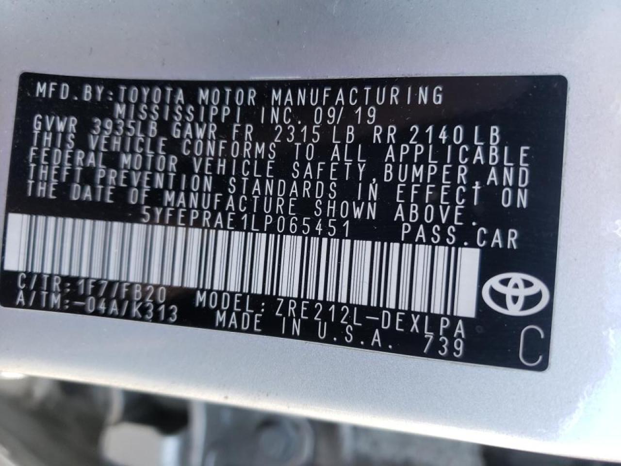 Photo 10 from auction – 2020 TOYOTA COROLLA LE with VIN 5YFEPRAE1LP065451