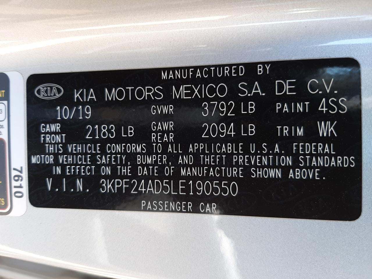 Photo 10 from auction – 2020 KIA FORTE FE with VIN 3KPF24AD5LE190550