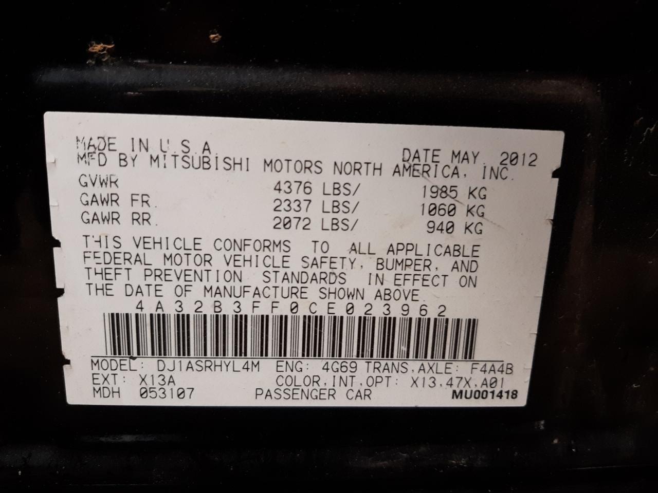 Photo 10 from auction – 2012 MITSUBISHI GALANT ES with VIN 4A32B3FF0CE023962