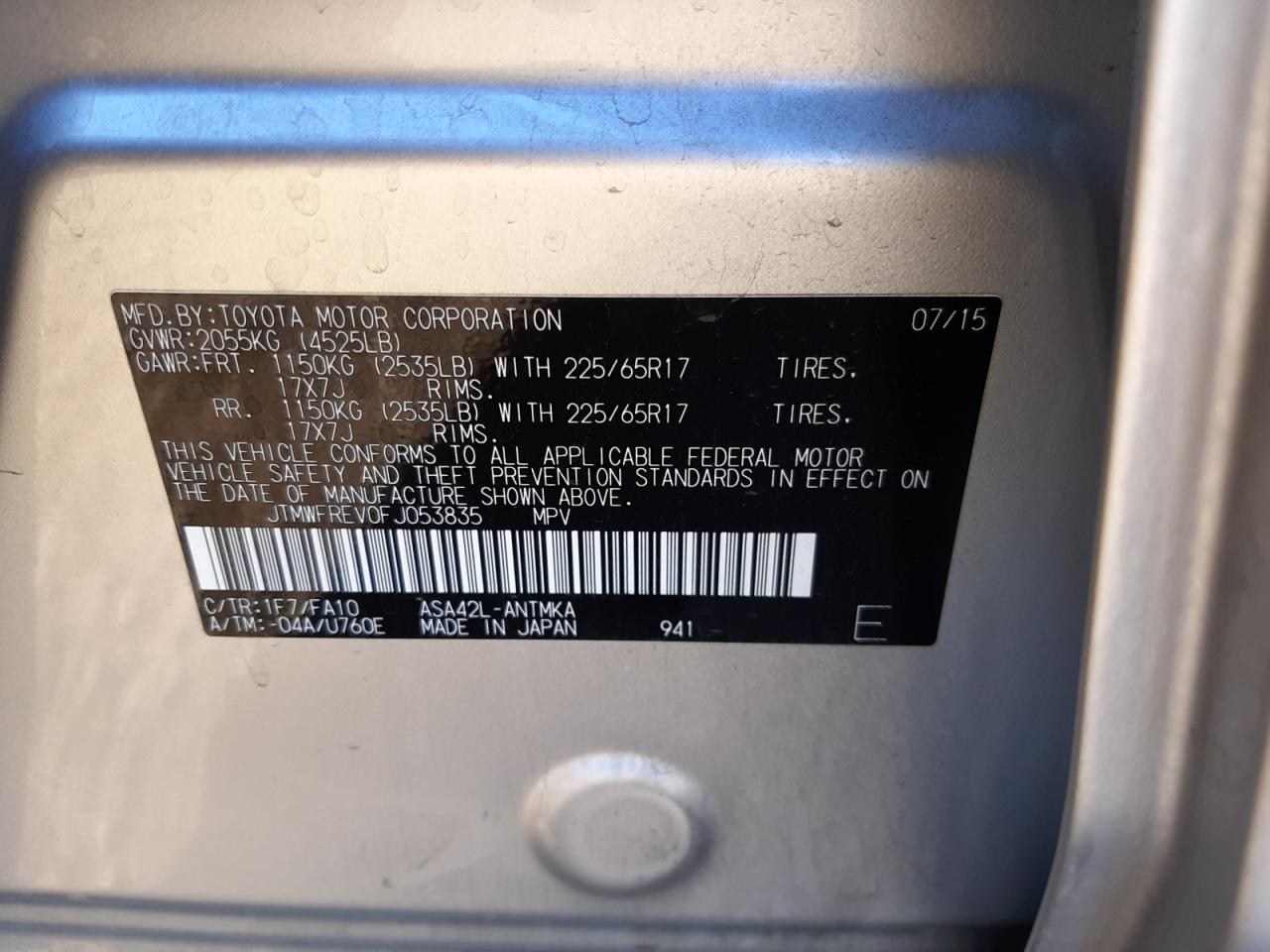 Photo 10 from auction – 2015 TOYOTA RAV4 XLE with VIN JTMWFREV0FJ053835
