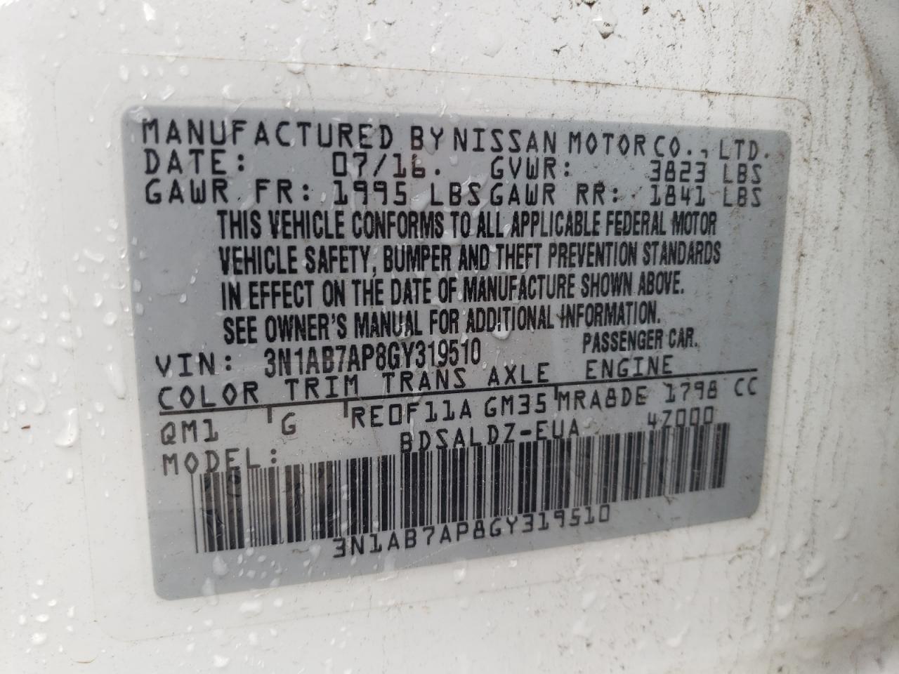 Photo 10 from auction – 2016 NISSAN SENTRA with VIN 3N1AB7AP8GY319510
