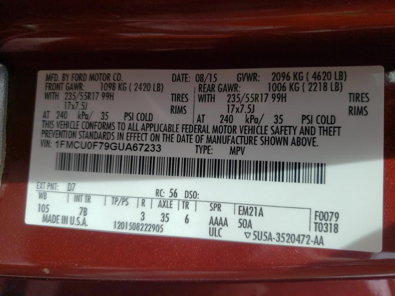 Photo 10 from auction – 2016 FORD ESCAPE S with VIN 1FMCU0F79GUA67233