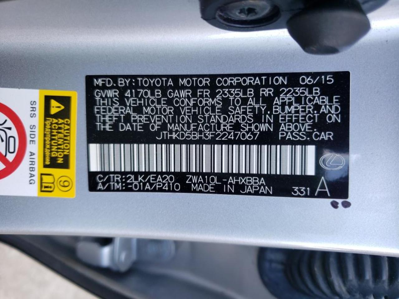 Photo 10 from auction – 2015 LEXUS CT 200 with VIN JTHKD5BH3F2247067