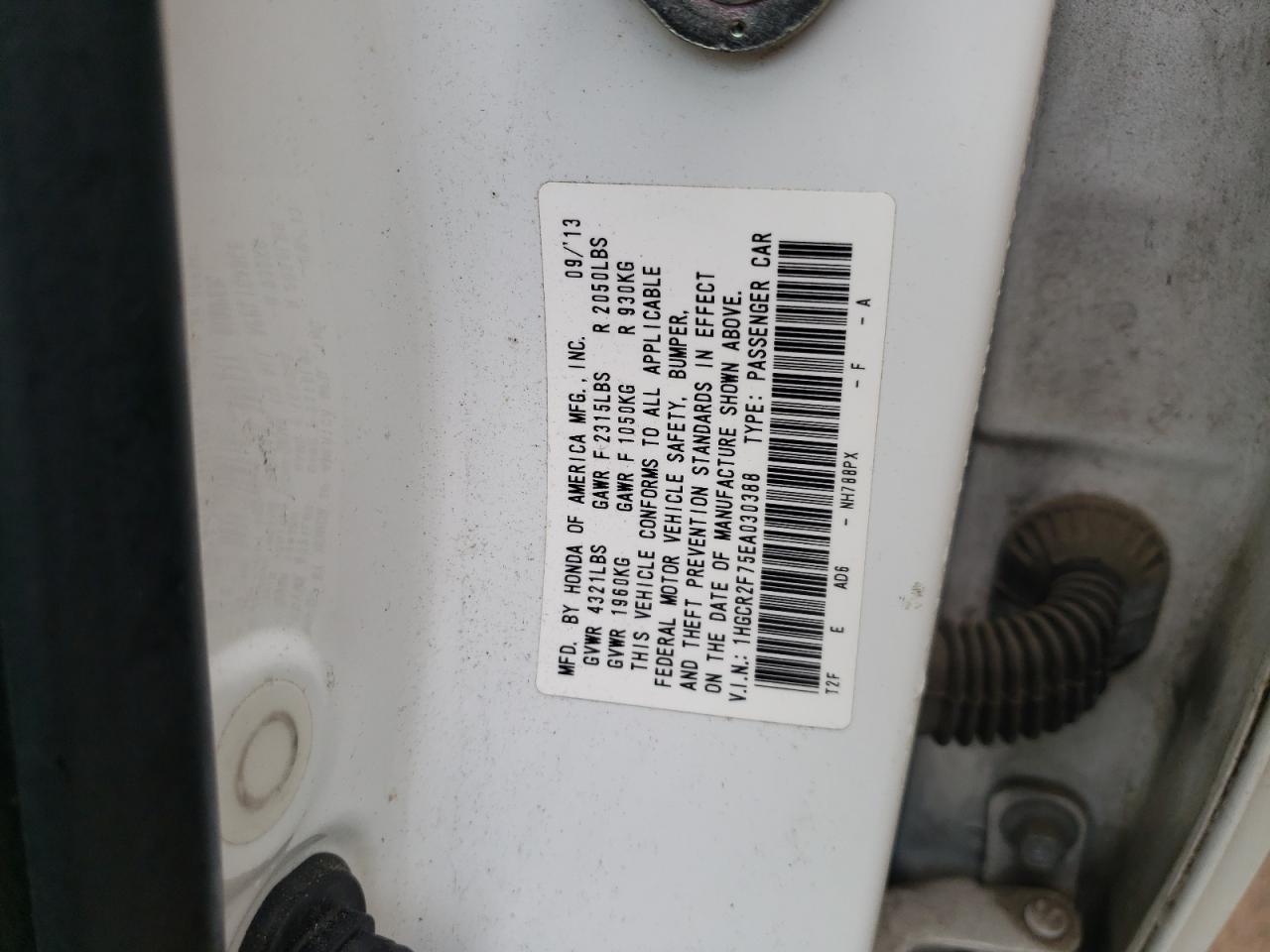 Photo 9 from auction – 2014 HONDA ACCORD EX with VIN 1HGCR2F75EA030388
