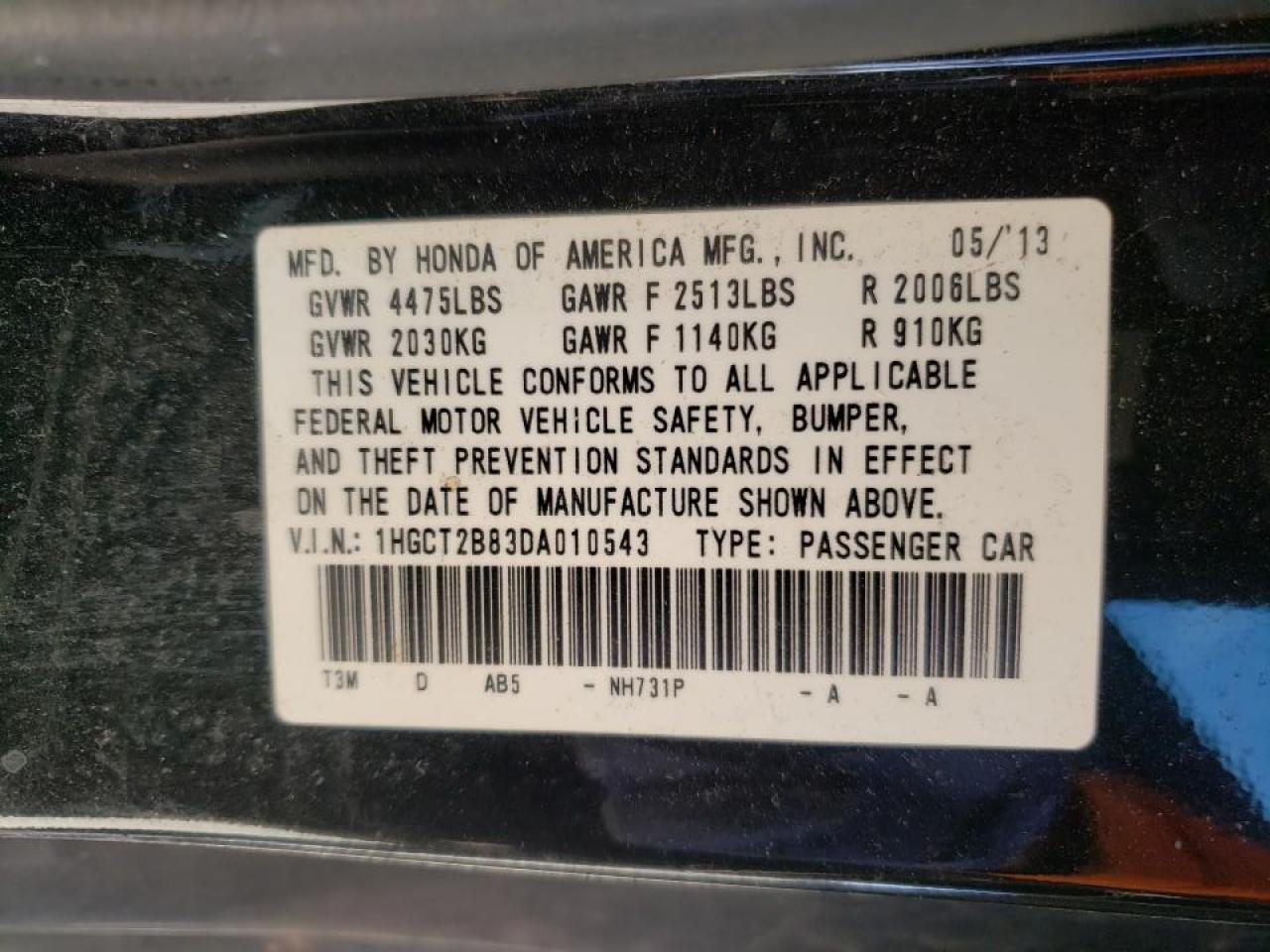 Photo 10 from auction – 2013 HONDA ACCORD EXL with VIN 1HGCT2B83DA010543