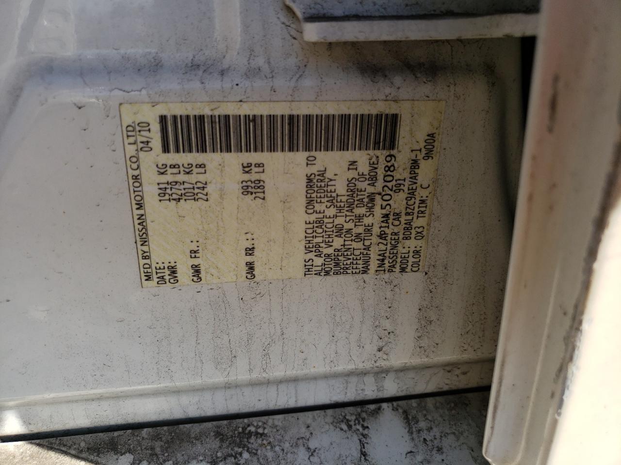 Photo 10 from auction – 2010 NISSAN ALTIMA BAS with VIN 1N4AL2AP1AN502089