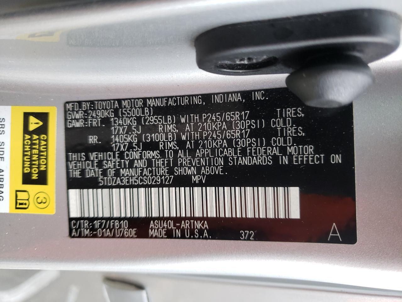 Photo 10 from auction – 2012 TOYOTA HIGHLANDER with VIN 5TDZA3EH5CS029127
