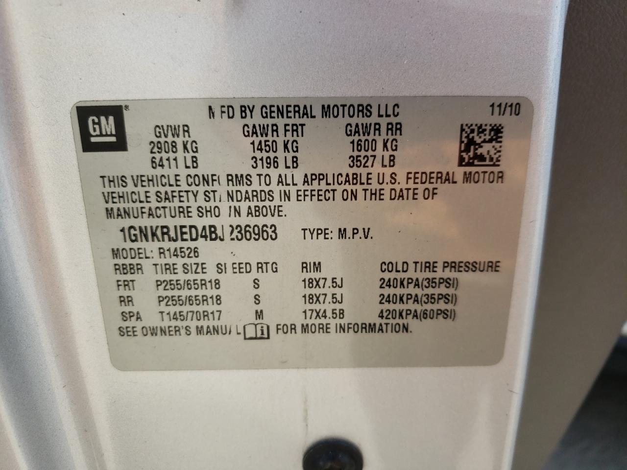 Photo 10 from auction – 2011 CHEVROLET TRAVERSE L with VIN 1GNKRJED4BJ236963