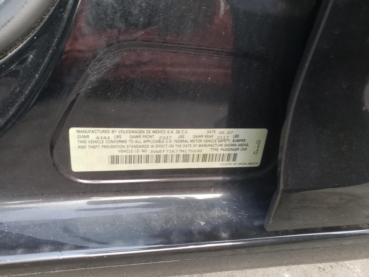 Photo 10 from auction – 2007 VOLKSWAGEN JETTA with VIN 3VWEF71K77M175590