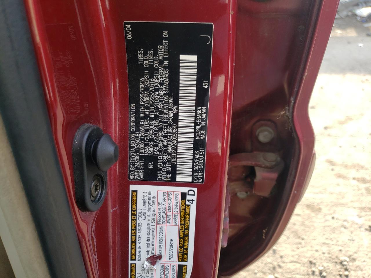 Photo 10 from auction – 2004 TOYOTA HIGHLANDER with VIN JTEEP21A240059847