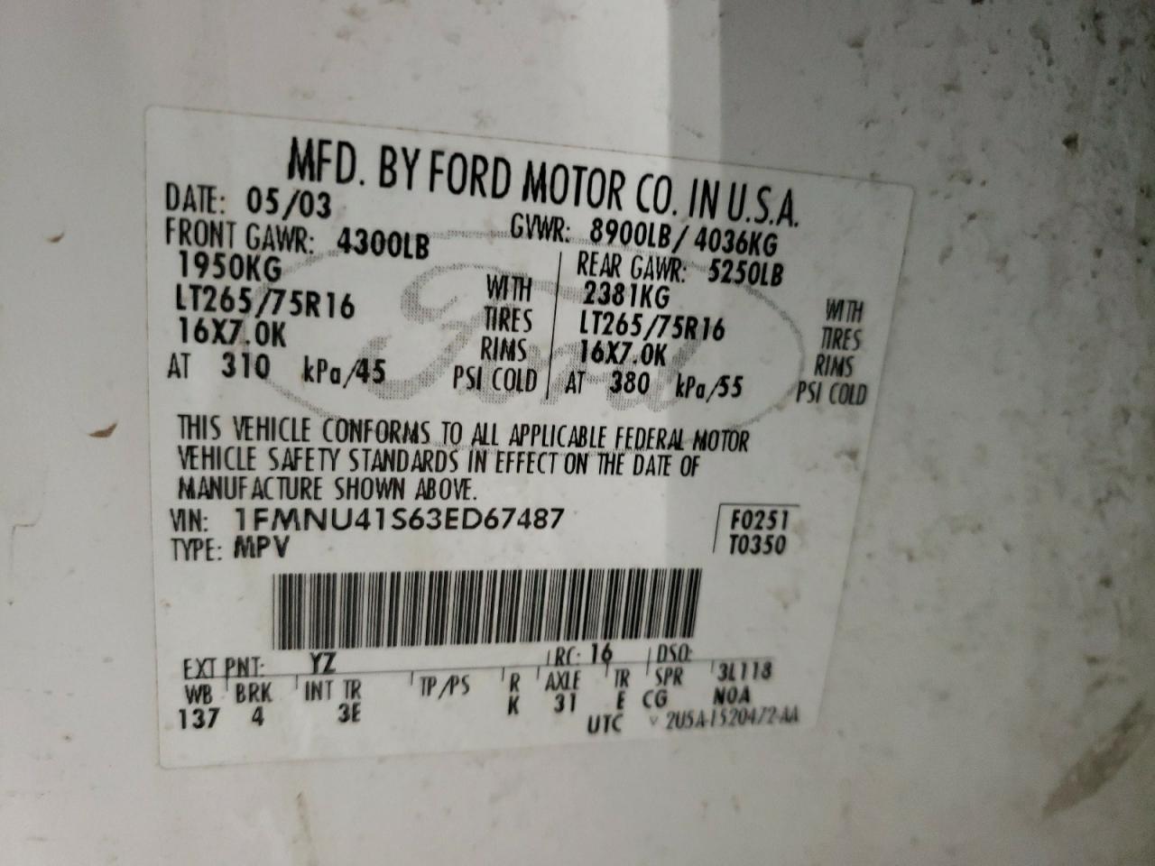 Photo 10 from auction – 2003 FORD EXCURSION with VIN 1FMNU41S63ED67487