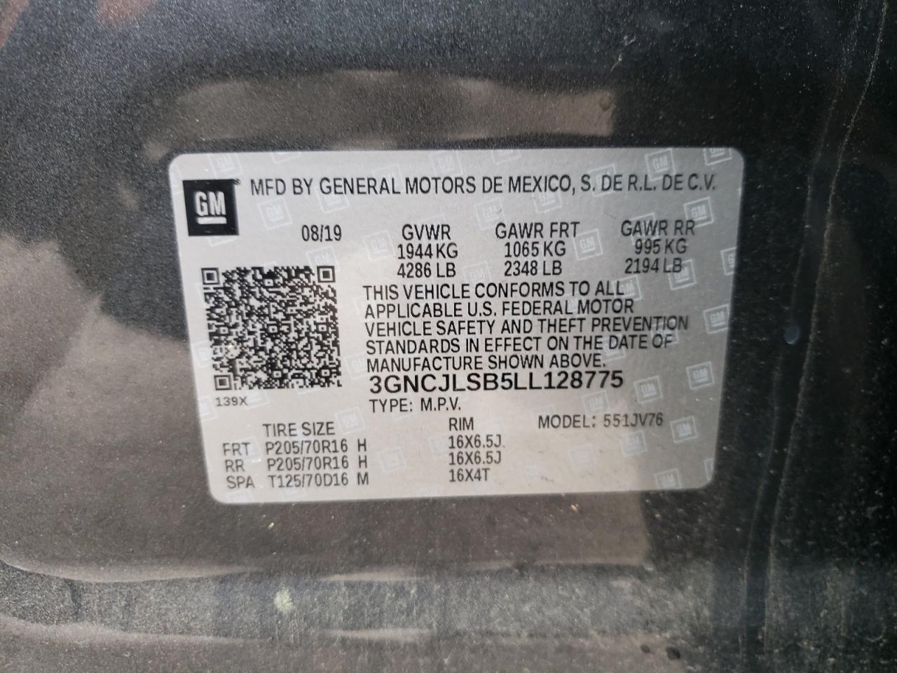 Photo 10 from auction – 2020 CHEVROLET TRAX 1LT with VIN 3GNCJLSB5LL128775