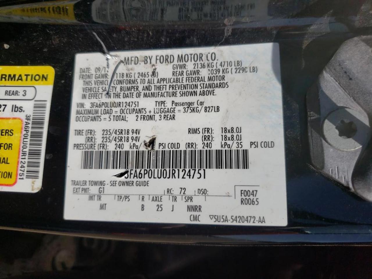 Photo 10 from auction – 2018 FORD FUSION SE with VIN 3FA6P0LU0JR124751