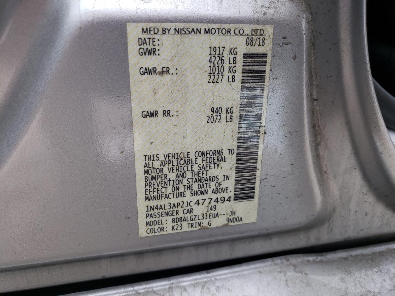 Photo 10 from auction – 2018 NISSAN ALTIMA 2.5 with VIN 1N4AL3AP2JC477494