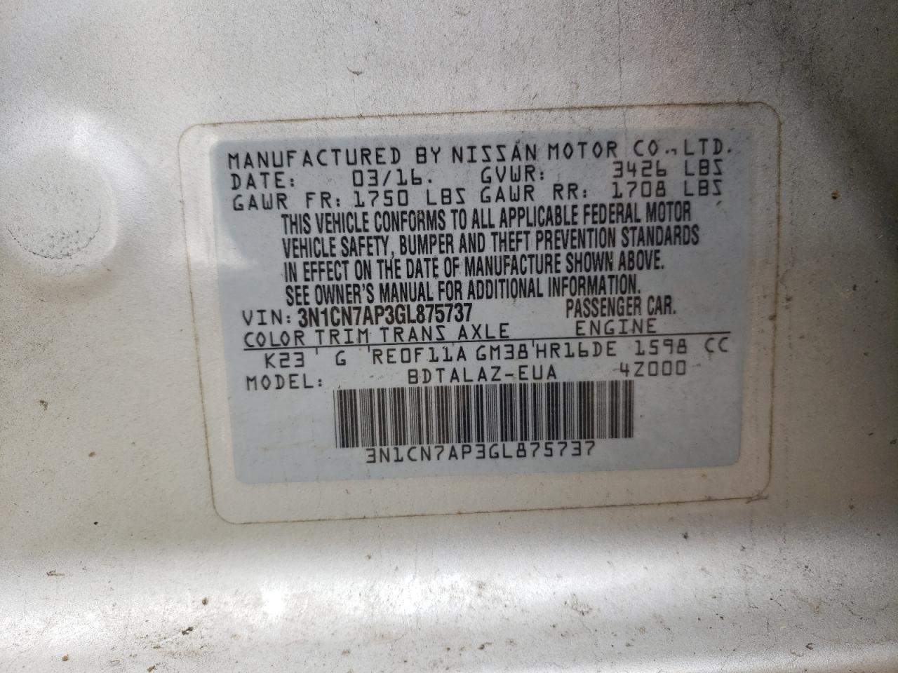 Photo 10 from auction – 2016 NISSAN VERSA S with VIN 3N1CN7AP3GL875737