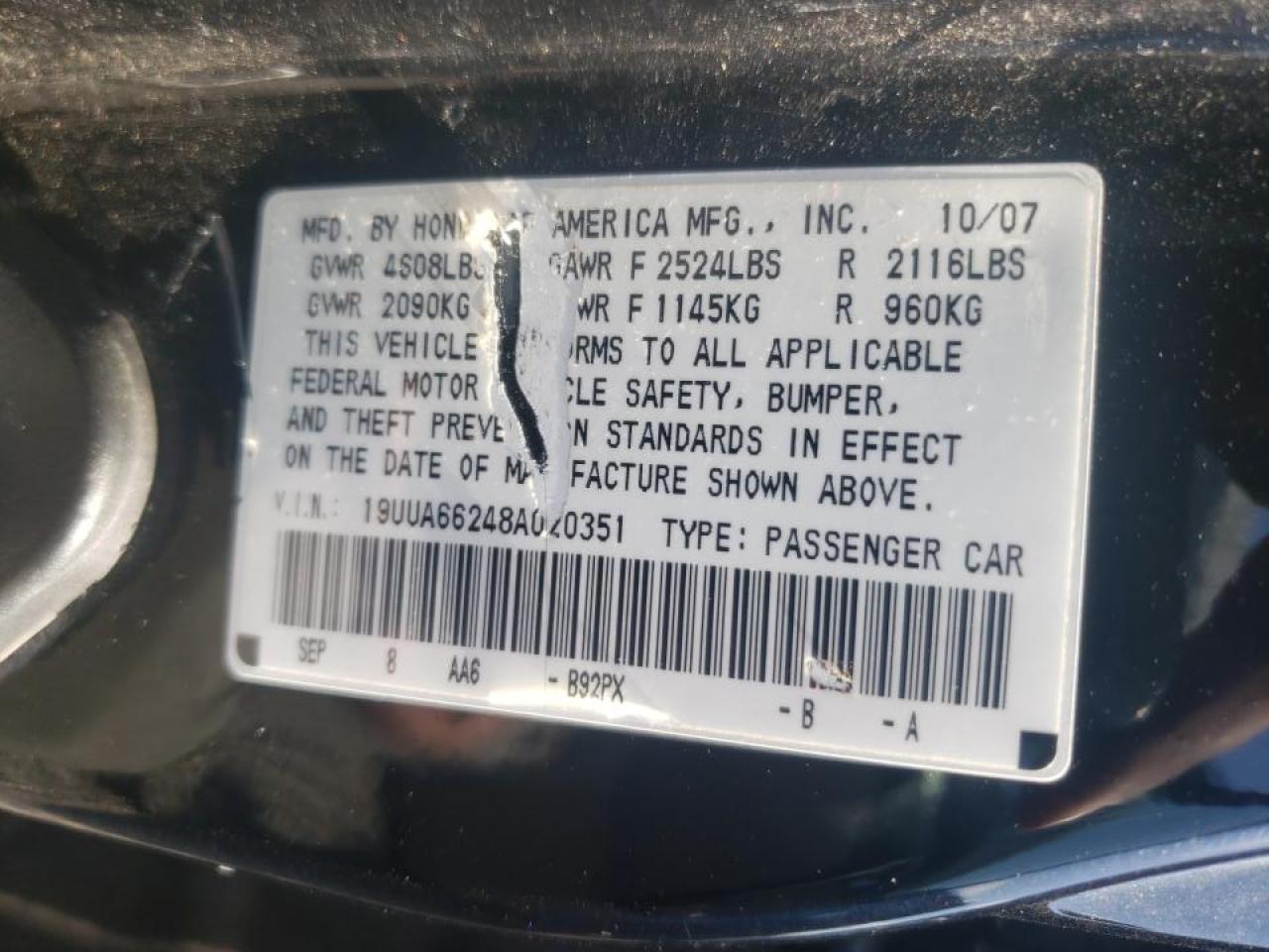 Photo 10 from auction – 2008 ACURA TL with VIN 19UUA66248A020351