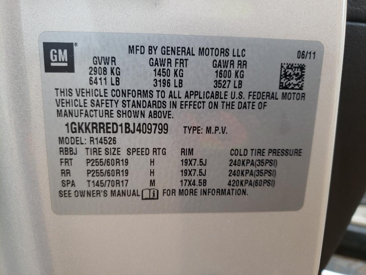 Photo 11 from auction – 2011 GMC ACADIA SLT with VIN 1GKKRRED1BJ409799