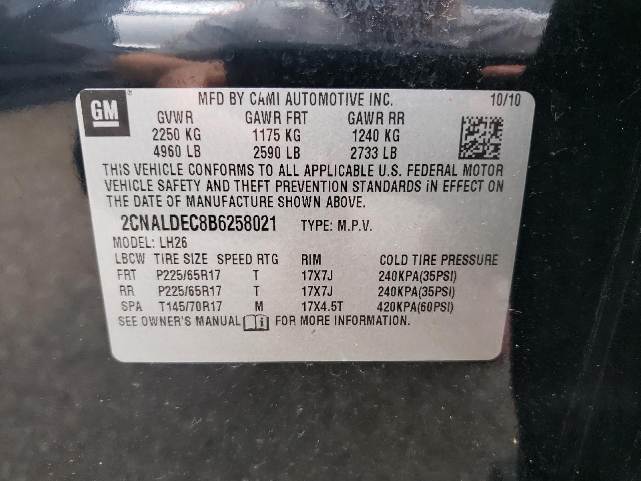 Photo 10 from auction – 2011 CHEVROLET EQUINOX LT with VIN 2CNALDEC8B6258021