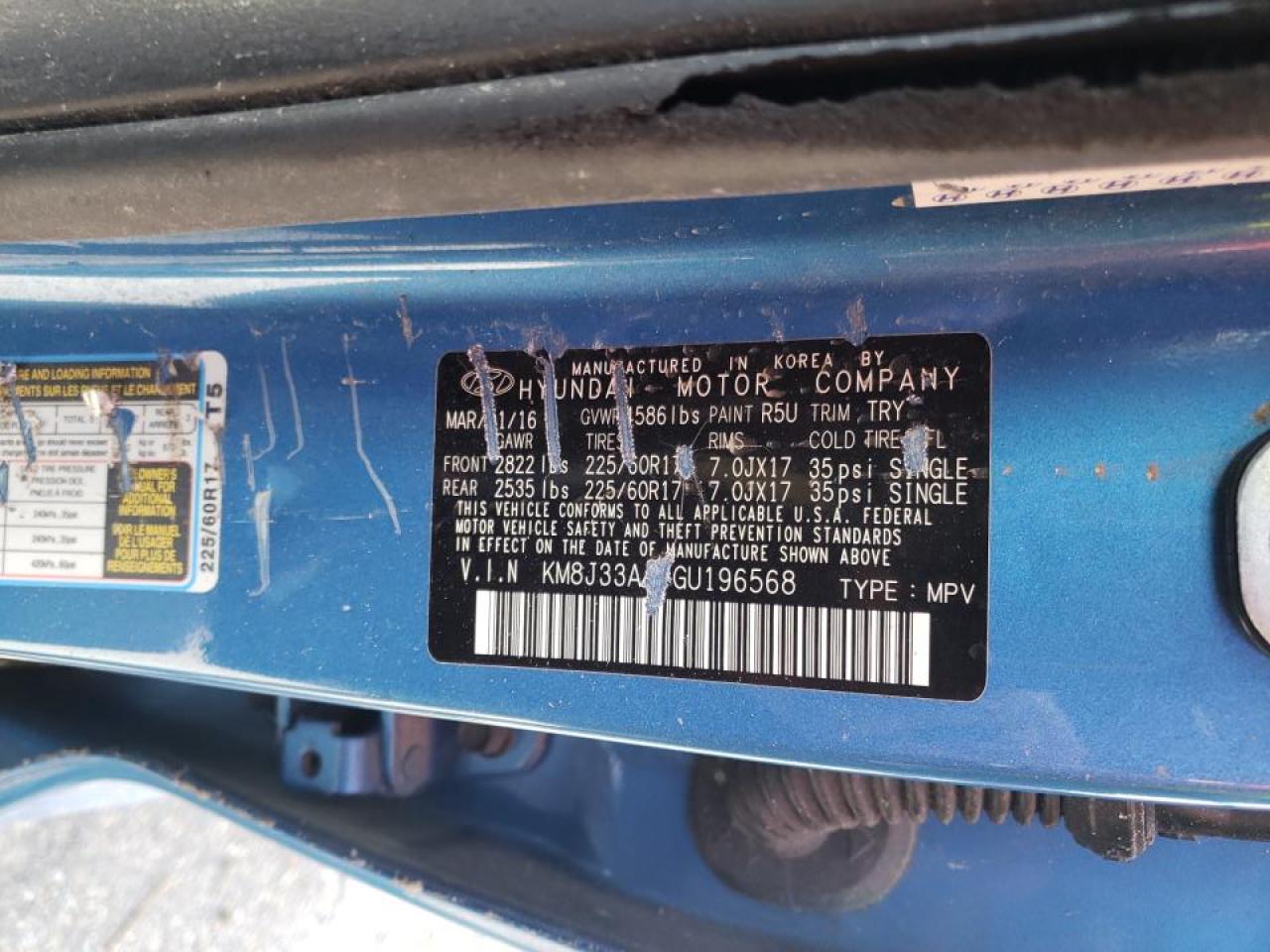 Photo 10 from auction – 2016 HYUNDAI TUCSON LIM with VIN KM8J33A44GU196568
